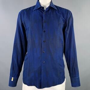 BILLIONAIRE COUTURE Size XL Blue Black Herringbone Long Sleeve Shirt